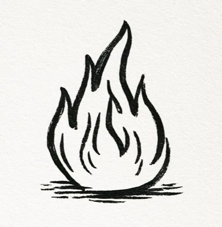Hand-drawn ink illustration of a flame