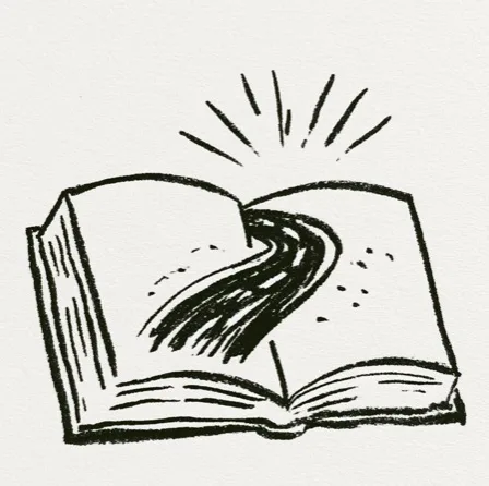 Hand-drawn ink illustration of an open book with a winding path