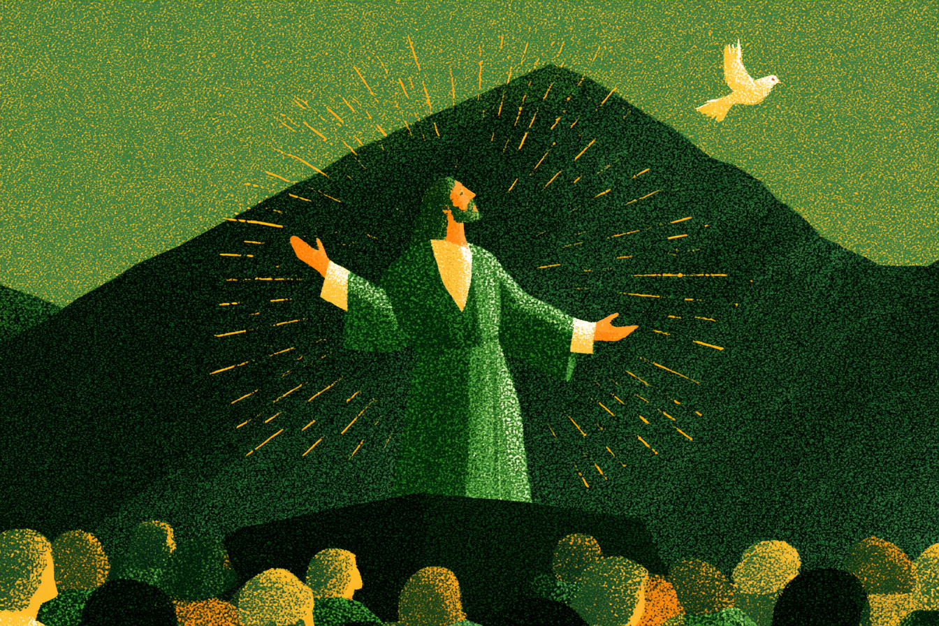 Jesus teaching a crowd on a hillside