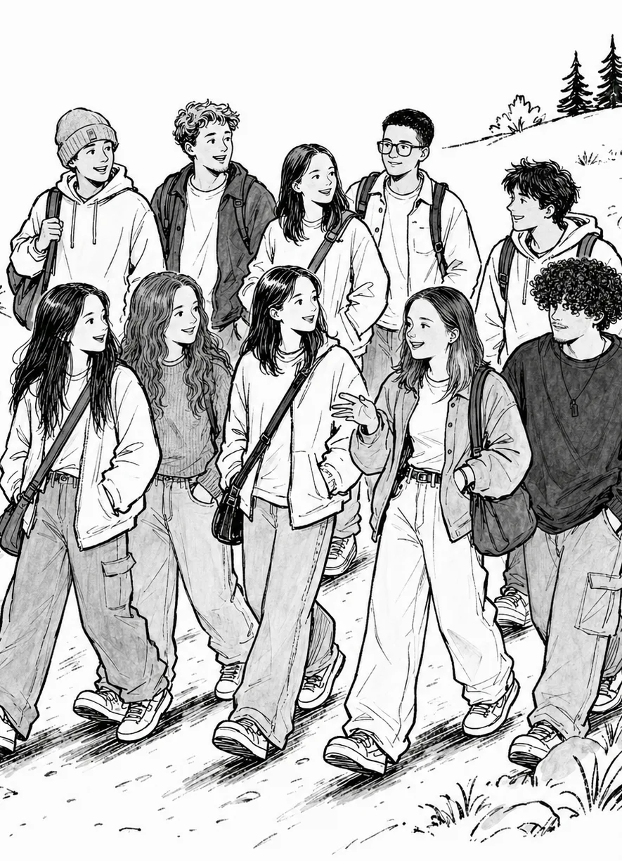 Hand-drawn illustration of the Cohort 01 students walking together