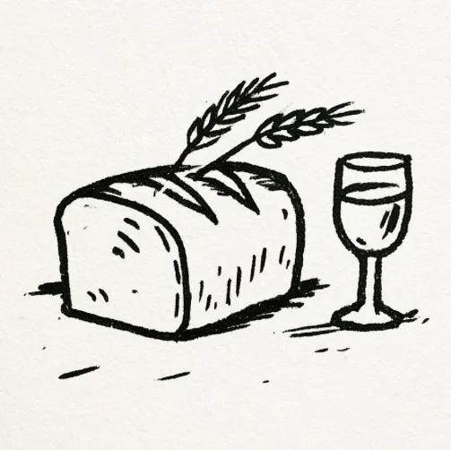 Hand-drawn ink illustration of a lily and a loaf of bread