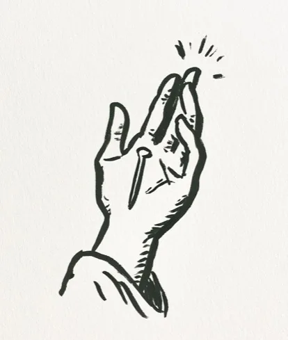 Hand-drawn ink illustration of an open hand holding a seed