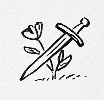 Hand-drawn ink illustration of a sword becoming a flowering branch