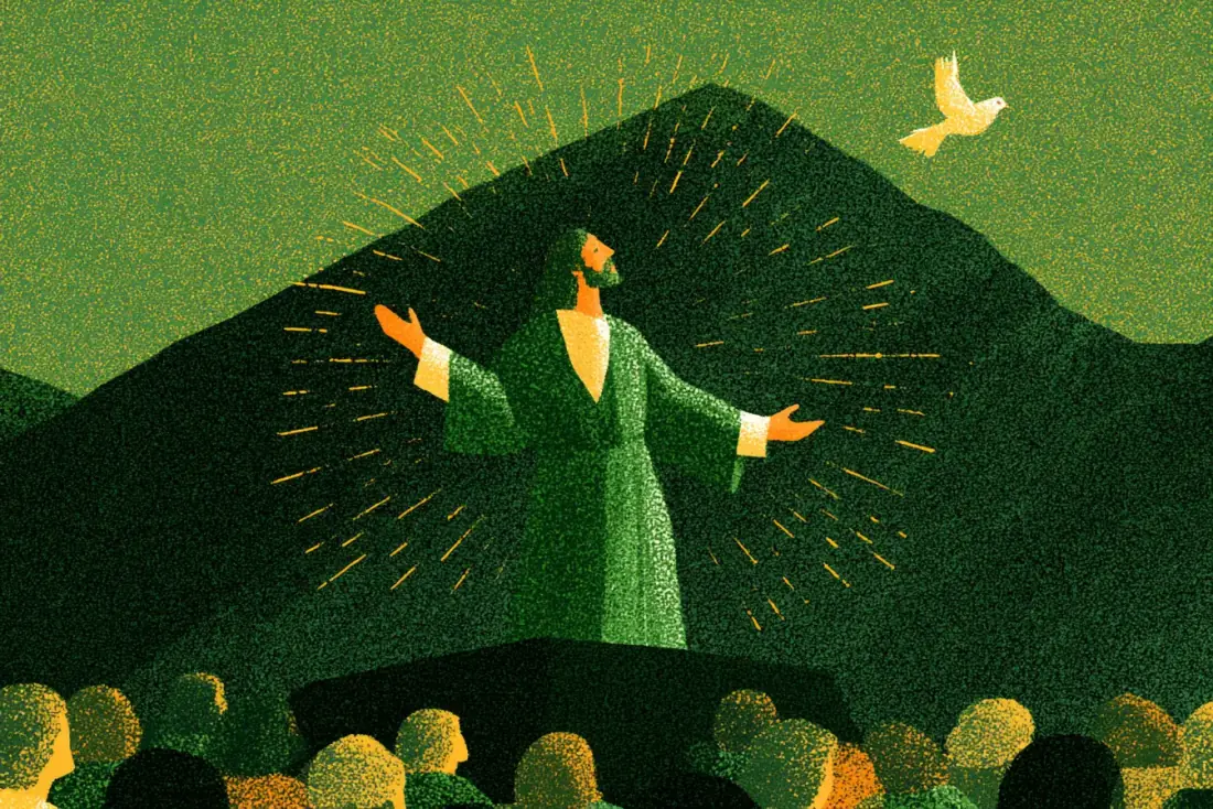 Jesus teaching a crowd on a hillside