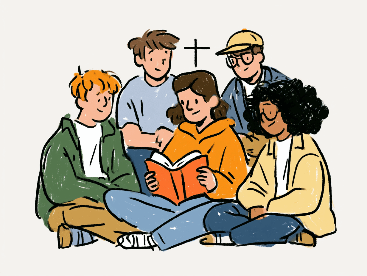 Hand drawn illustration of young adults surrounded by screens and noise