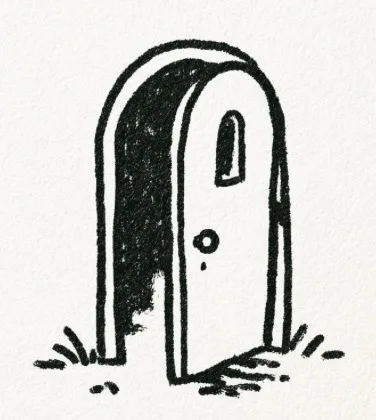 Hand-drawn ink illustration of a narrow stone gate