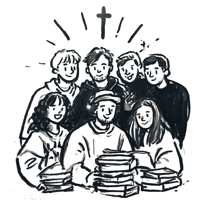 Hand drawn illustration of a close Christian community gathered around books