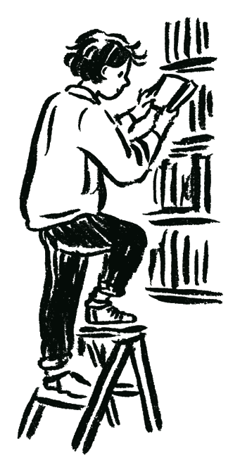 Hand drawn illustration of a student reaching for a book on a shelf