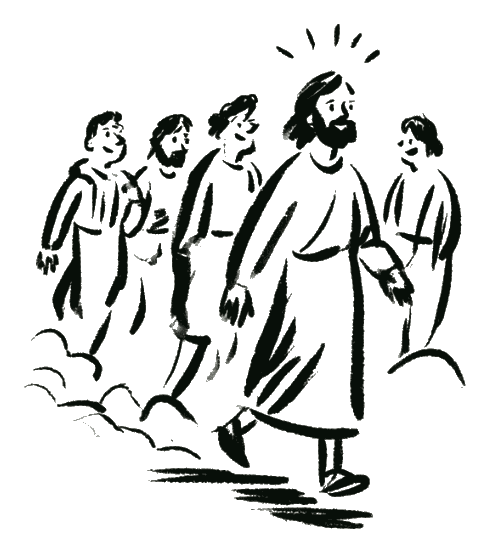 Hand drawn illustration of Jesus walking closely with his disciples