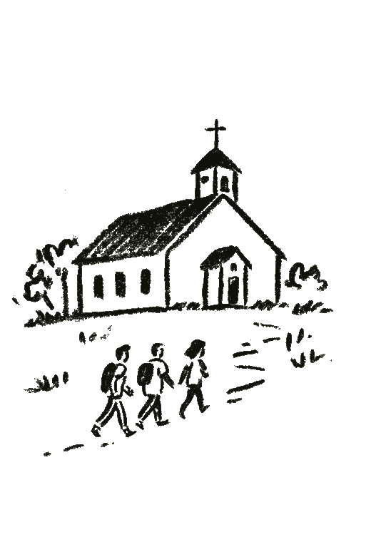 Hand drawn illustration of students walking toward their local church