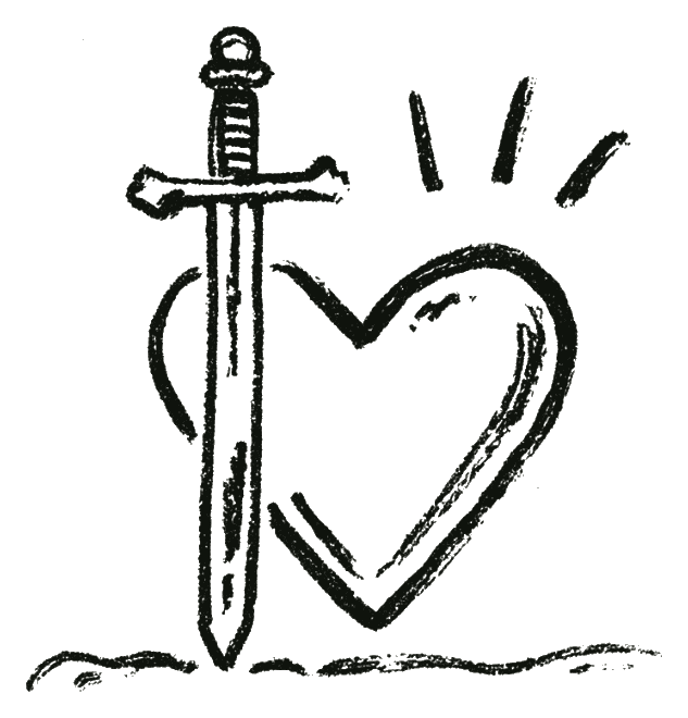 Hand drawn illustration of a sword beside a heart