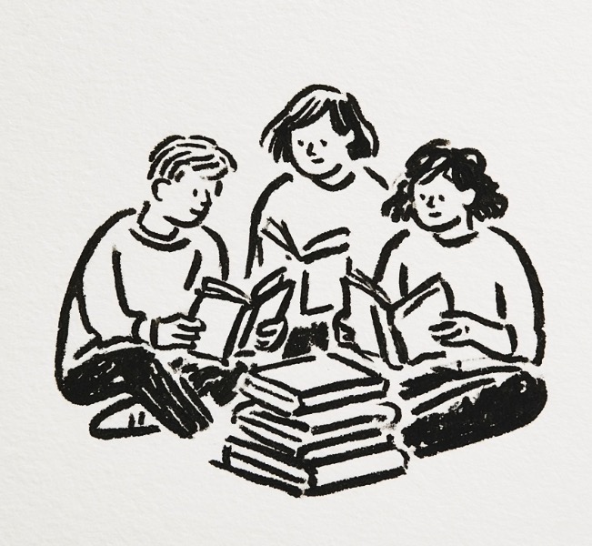 Hand drawn illustration of students reading and studying together