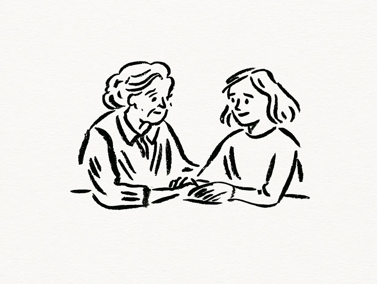 Hand drawn illustration of a mentor and students in a circle