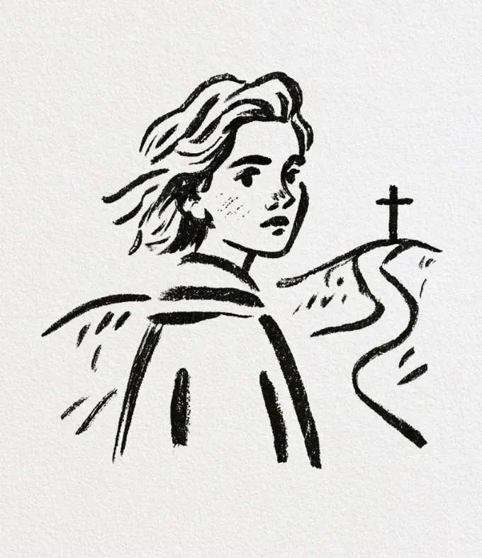 Hand drawn illustration of a young adult sitting alone on steps with a backpack