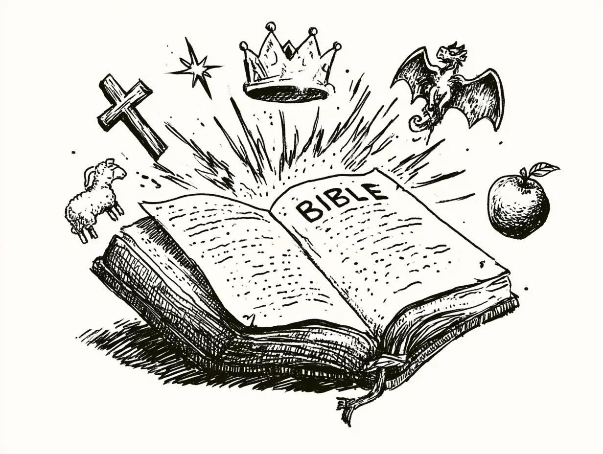 Hand drawn illustration of an open Bible with visual theology diagrams