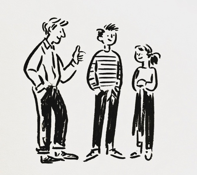 Hand drawn illustration of a mentor walking with a student