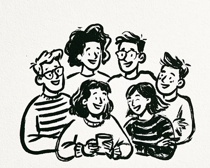 Hand drawn illustration of young adults walking together