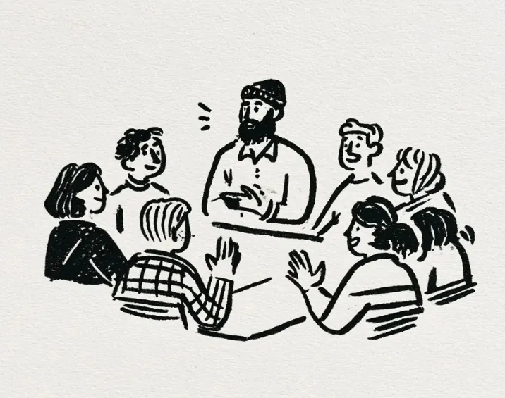 Hand drawn illustration of a mentor and students in a discussion circle