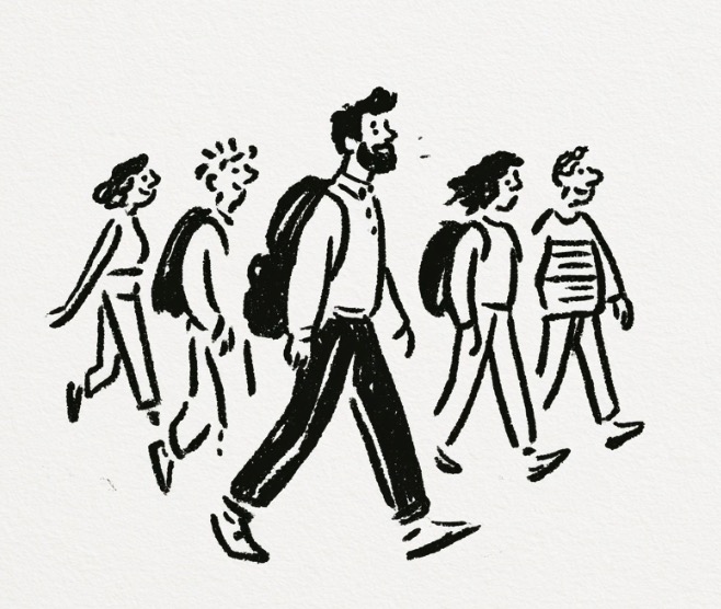 Hand drawn illustration of a group gathered around a table
