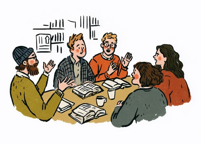 Hand drawn illustration of pastors talking together
