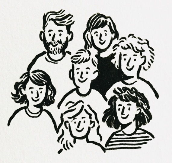 Hand drawn illustration of an older young adult helping lead a discussion