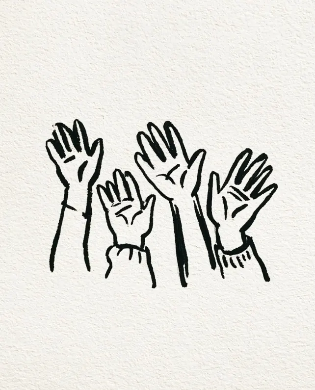 Hand drawn illustration of young adults sitting in a circle of chairs with question marks above them