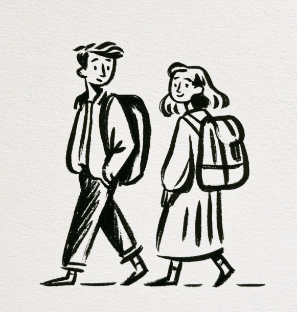 Hand drawn illustration of a younger student welcomed into a group