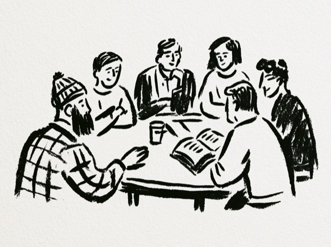 Hand drawn illustration of young adults around a table with open Bibles
