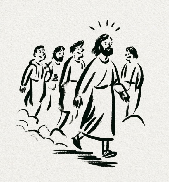 Hand drawn illustration of Jesus walking with his disciples