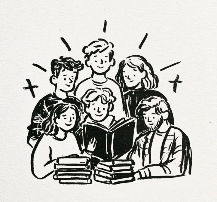 Hand drawn illustration of young adults growing in community